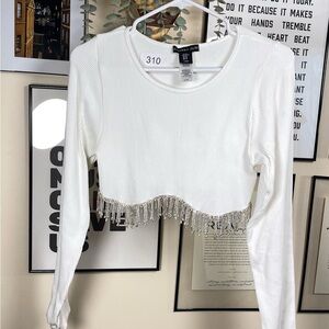 Sincerely Jules White Rhinestone Fringe Hem Top Size XL